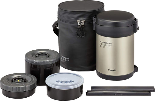 1.8L Black Stainless Steel Lunch Jar with Pouch by Peacock Thermos Industry-Kiichin - The #1 Place for Japanese Goods in Your Hand!