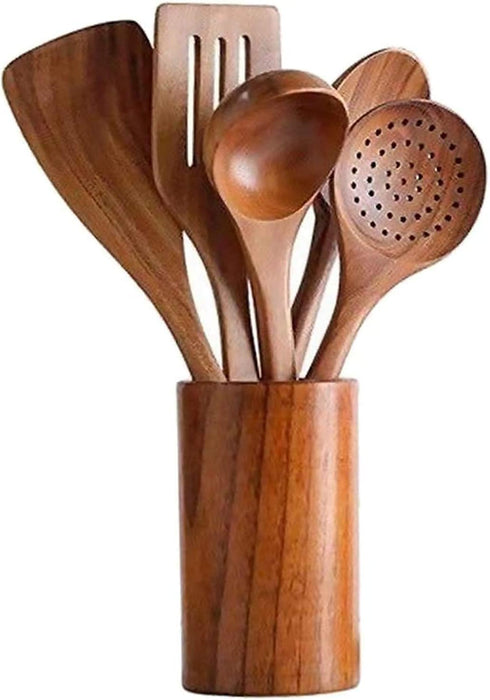 Desirable 5-Piece Acacia Kitchen Tool Set with Holder - Natural Wood Utensils-Kiichin - The #1 Place for Japanese Goods in Your Hand!