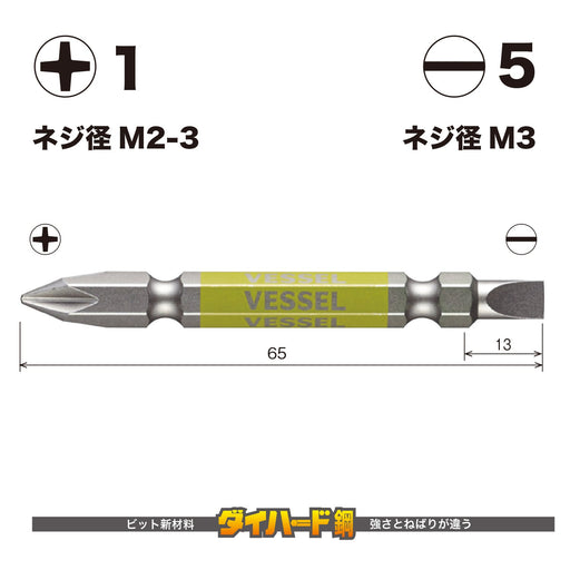 Vessel Double Ended Gosai Bit +1/-5 x 65 Combination Set of 2 Pieces - GS141565-Kiichin - The #1 Place for Japanese Goods in Your Hand!